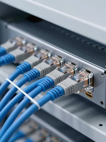 Detail shot of neatly organized blue and gray ethernet cables connected to a security rack, clean zip ties, bright cool-toned indoor lighting, no messy wires.