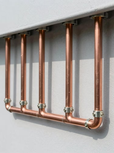 Precise alignment of copper HVAC pipes and clean electrical connections on a light industrial wall, crisp technical daylight photography, 35mm lens