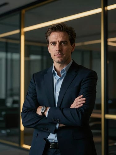 Cinematic portrait of a confident hedge fund manager in a dark-mode modern glass office, gold rim lighting, shallow depth of field, 35mm