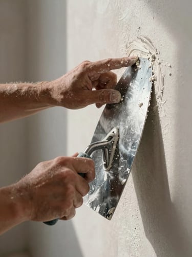 Close-up of a plasterer's hands pressing a steel trowel flat against a wall in raking natural north-facing daylight, fresh plaster mix visible on the blade edge, the wall surface showing the feathered join line of a fresh layer