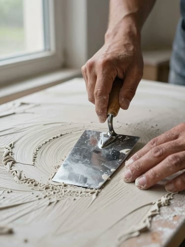 Close-up of a craftsman's hands pressing a steel trowel flat against a wet plaster surface, raking natural daylight from a window to the left reveals the tool marks being smoothed away, plaster texture visible at the edges of the stroke, no other elements in frame, documentary style