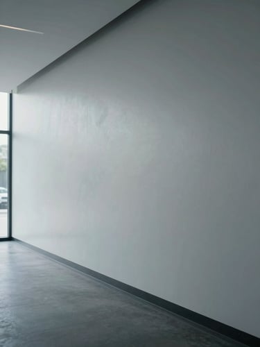 Wide-angle view along a finished commercial lobby wall, natural north-facing daylight entering from the left, the plaster surface stretching across the entire frame as a continuous flat plane, no furniture or people, subtle light gradation revealing surface uniformity, cool overcast light, close to the wall surface