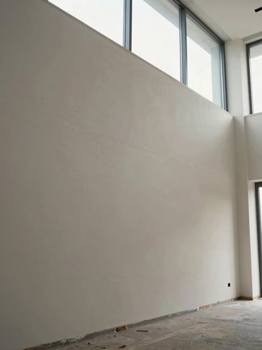 Portrait-orientation photograph of a large commercial lobby wall mid-project, plaster application in progress under raking side-light from high windows, the wall plane filling the frame, trowel marks still visible in the fresh material, no people, no staging