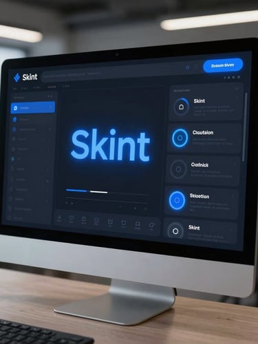 Sleek dark-mode mockup of the Skint platform interface on a modern desktop monitor, glowing electric blue accents, crisp studio lighting, clean tech office background, shallow depth of field.