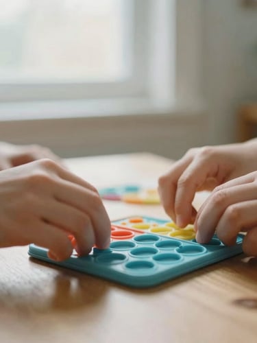 Close-up of hands organizing tactile learning tools on a wooden desk, soft natural window light, muted organic tones, shallow depth of field, 35mm, candid editorial shot.