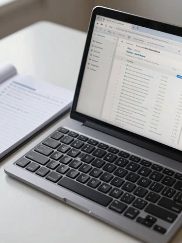 Close-up wide shot of a tidy desk setup in flat north-facing daylight — laptop screen showing multiple open browser tabs and a support ticket queue, a mechanical keyboard in the foreground, a legal pad with handwritten task notes to the left, no people visible, sharp and clean