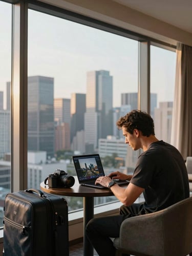 Wide environmental shot of a male travel creator seated at a hotel suite window, reviewing camera footage on a laptop, golden afternoon light pouring through floor-to-ceiling glass, luggage and a camera resting on the side table, city skyline visible beyond the glass