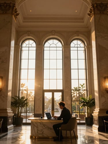Wide environmental shot inside a luxury hotel lobby at golden hour, a male creator seated alone at a marble desk reviewing footage on a laptop, warm amber light streaming through tall arched windows behind him, architectural columns framing the scene, generous negative space above