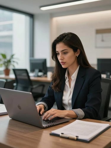 Plano medio de una profesional de administración en una oficina moderna en la Ciudad de México, trabajando concentrada frente a su laptop, luz natural difusa de tarde, ambiente corporativo limpio y profesional.