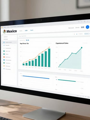 Clean, modern administrative dashboard interface showing real-time Mexican tax compliance graphs, soft natural office light reflected on a high-resolution screen, minimal B2B SaaS aesthetic.