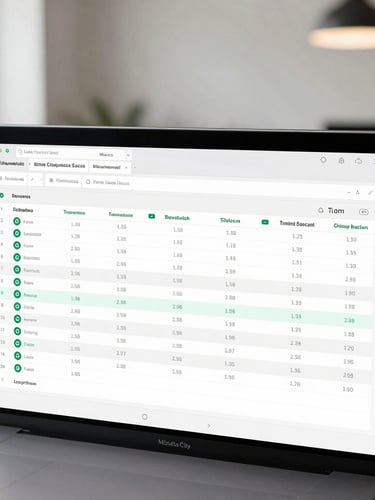 Macro shot of a high-resolution software interface showing a clean financial balance sheet, crisp typography, and green compliance indicators. Soft natural office lighting, modern minimalist workspace in Mexico City, professional and secure atmosphere.