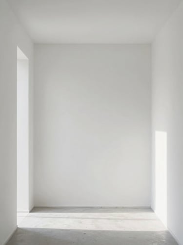 Straight-on architectural photography of a minimalist room, clean white plaster walls, natural daylight casting soft shadows, 35mm
