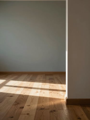 Clean interior space flooded with natural light, soft morning sun on warm oak flooring, minimalist design, shallow depth of field, 35mm