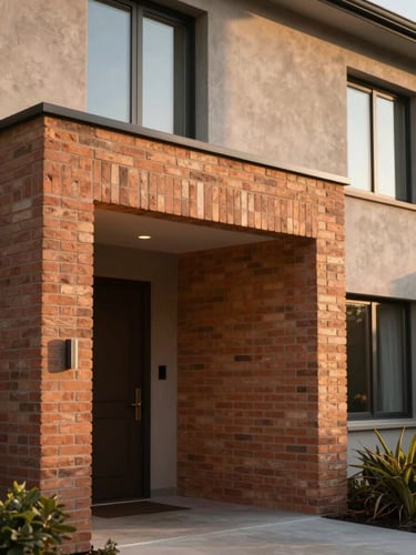Warm architectural photography of a modern residential home, soft late-afternoon sun hitting a terracotta brick entryway, shallow depth of field, 35mm