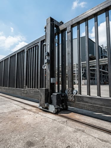 Low-angle industrial editorial photography of a heavy-duty modern charcoal gray steel automatic gate, bright natural daylight, high-contrast metallic textures, 50mm lens, sharp focus