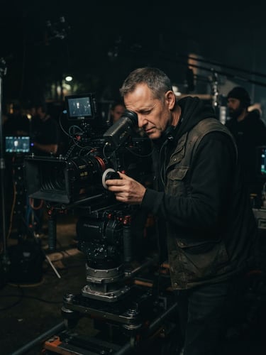 Moody cinematic photography of a director in deep focus behind a high-end camera rig, low-key dramatic lighting, rich anamorphic tones, 35mm film grain