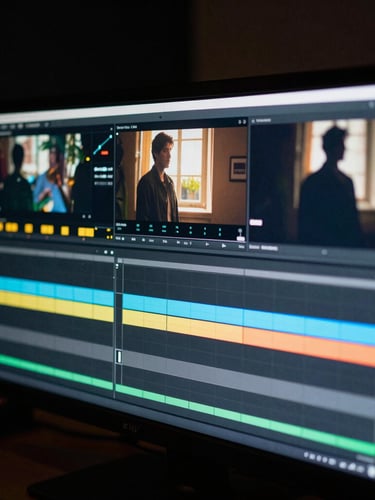 Close-up of a professional colorist grading a cinematic video on a high-end monitor in a dark studio, glowing ambient backlights, rich color spectrum, 35mm film grain