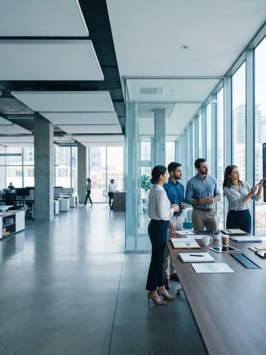 Wide panoramic modern corporate office, clean lines, bright natural daylight, cool blue and slate tones, a focused team analyzing a digital dashboard on a large screen, organized documents on a sleek desk, architectural framing, 35mm, the dashboard and team on the right third, expansive negative space on the left, sharp focus.