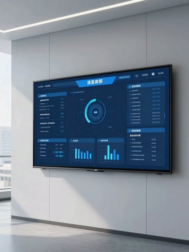 Clean corporate office interior, structured architectural lines, professional analyzing digital dashboard on a screen, cool blue and slate tones, sharp focus, 35mm