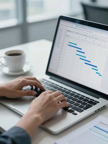 Close-up of hands typing on a laptop keyboard, a detailed Gantt chart or project management software visible on the screen, a cup of coffee and organized notes on a desk, bright natural office daylight, cool blue and slate tones, sharp focus, architectural framing, 35mm, subject on the left.
