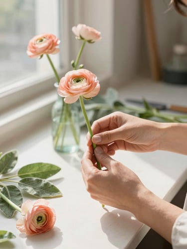 Hands of a florist gently arranging delicate peach ranunculus and sage leaves in a sunlit CDMX studio, warm morning light, shallow depth of field, 35mm