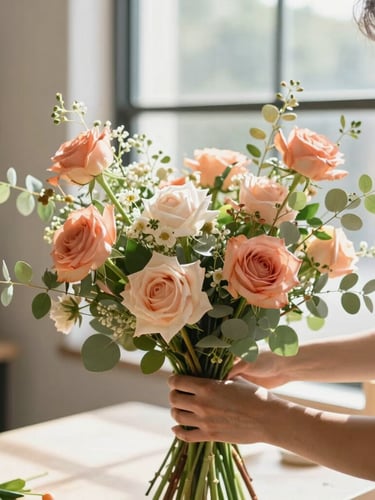 Hands of a florist arranging a lush, wild garden-style bouquet with peach and sage green tones in a sunlit CDMX workshop, warm morning window light, shallow depth of field, 35mm
