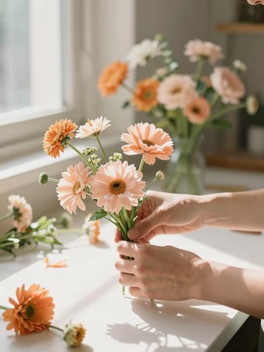 Hands of a florist gently arranging delicate peach and orange garden-style flowers in a sunlit CDMX workshop, soft morning light, shallow depth of field, 35mm