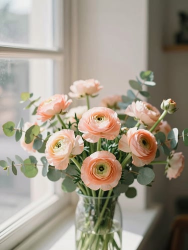 Lush garden-style bouquet with peach ranunculus and sage green eucalyptus in a sunlit CDMX studio, warm morning window light, shallow depth of field, 35mm