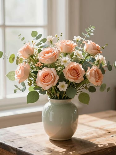 Lush garden-style bouquet in a ceramic vase on a rustic table, warm morning window light, soft peach and sage green tones, 35mm