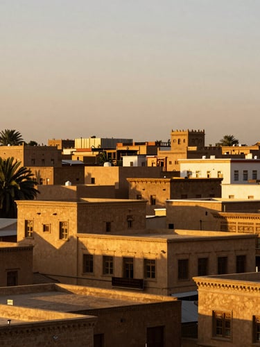 Wide environmental shot of Lasanod's historic architecture under warm golden-hour sunlight, capturing its enduring dignity and cultural heritage.
