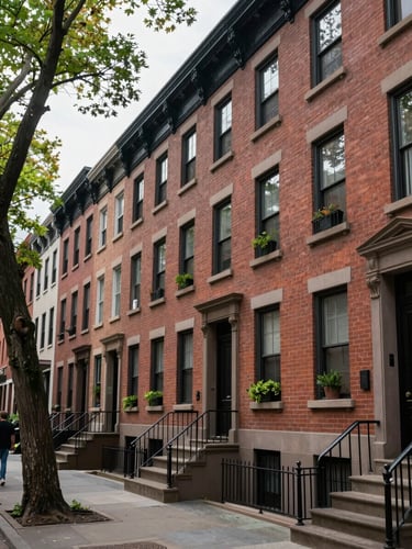 Wide exterior of a handsome brick townhouse row in a quiet NYC neighborhood, shot from street level at midday, facades filling the right two-thirds of the frame, mature street trees at the left edge, overcast natural light, no people
