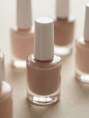 Close-up of premium nail polish bottles reflecting soft light on a warm beige plaster surface, shallow depth of field.
