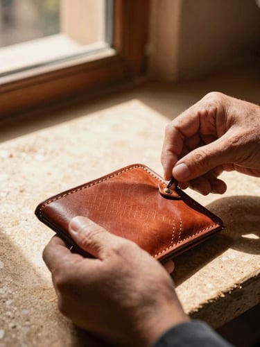 A master Moroccan artisan carefully hand-stitching a rich terracotta leather wallet, natural light from a riad window illuminating the workspace, warm editorial photography, 35mm