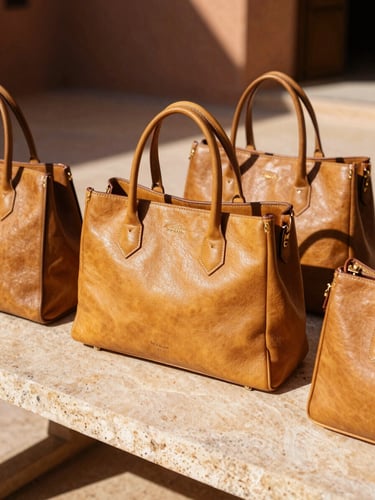 Close-up of golden-brown full-grain leather bags arranged on a raw stone table in a sun-drenched riad courtyard, harsh shadows, warm 35mm photography