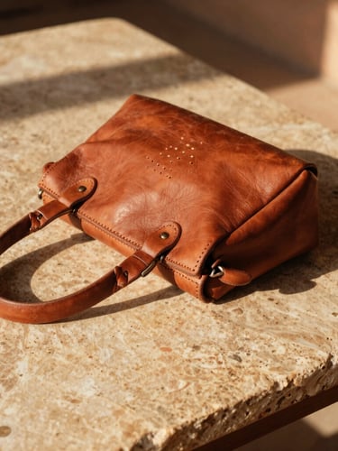 Close-up of a hand-stitched leather bag resting on a raw stone table in a sun-drenched riad, harsh golden-hour sunlight casting sharp shadows, warm editorial photography, 35mm