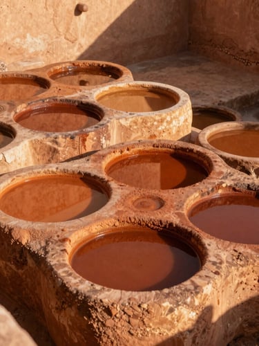 Wide environmental shot of ancient stone dye vats in Marrakech, filled with rich terracotta and ochre natural vegetable dyes under harsh golden-hour sunlight