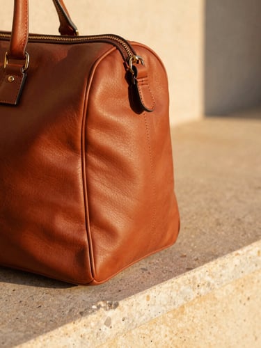 Tight macro shot of a rich terracotta leather travel bag resting on a sun-drenched limestone ledge, harsh golden-hour sunlight casting sharp geometric shadows, 35mm editorial photography.