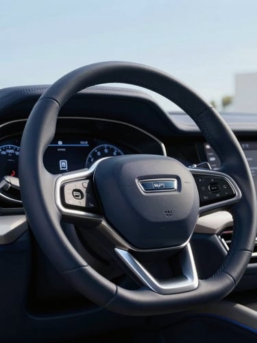 Close-up of a premium vehicle dashboard and steering wheel in bright Mediterranean daylight, clean corporate navy tones, sharp focus, 35mm lens.