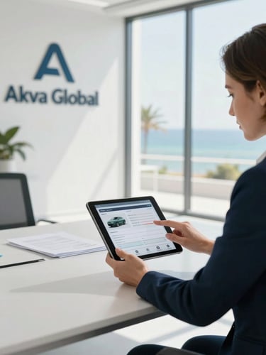 A professional client consultation in a bright, modern Akva Global office, an advisor showing vehicle valuation details on a tablet, natural daylight.