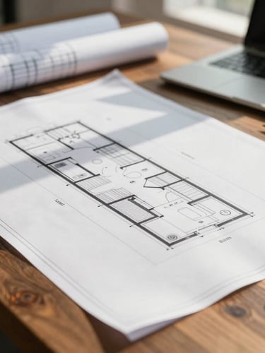 Close-up of clean architectural blueprints laid out on a dark wooden table in a bright Mediterranean office, warm sunlight casting soft shadows, professional engineering tools nearby