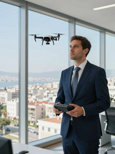 A professional real estate consultant operating a drone controller in a modern office in Antalya, large windows showing sunny city view, corporate navy details, bright Mediterranean light