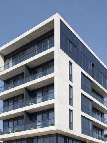 Modern architectural portrait of a premium residential building in Antalya Muratpaşa, sharp angles, clean concrete and glass facade, bright Mediterranean daylight, 35mm lens