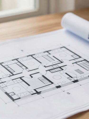 Close-up of modern architectural plans and blueprints on a wooden desk, soft natural light filtering through a window