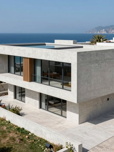 High-angle architectural photograph of modern minimalist concrete villa in Antalya, bright Mediterranean daylight, sharp focus, 35mm lens