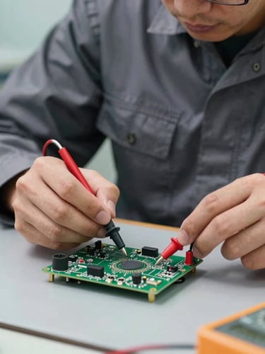 Macro shot of a professional technician in a clean, dark gray uniform using a digital multimeter to test a green circuit board on a clean slate work mat. Bright, neutral technical lighting.