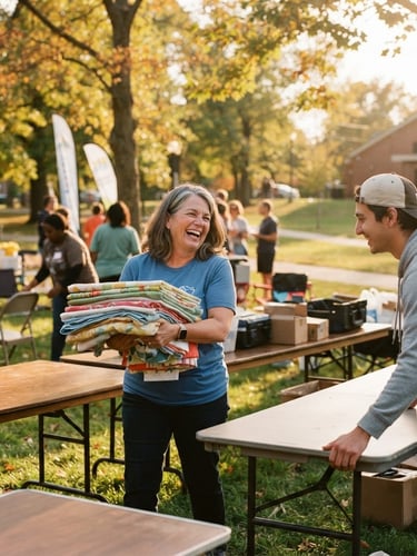 A warm candid photo of Ohio community volunteers setting up tables outdoors, bright daylight, friendly atmosphere