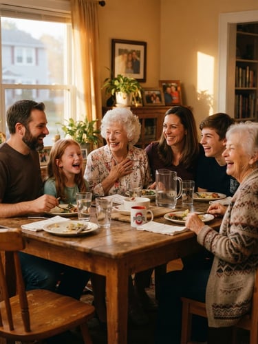 A warm candid photograph of an Ohio family and a senior volunteer laughing together around a wooden dining table, soft golden-hour light, 35mm