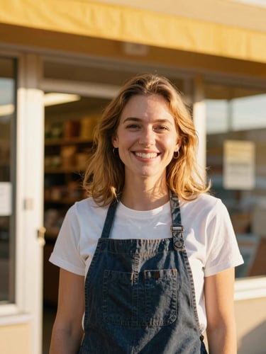 Candid mid-shot of a local Ohio business owner smiling outside her shop, warm golden-hour sunlight, vibrant friendly tones, 35mm