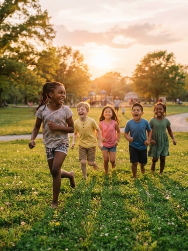 Wide environmental portrait of diverse children laughing and running on a lush green lawn in an Ohio park, warm golden hour sunlight, candid action shot, shallow depth of field.