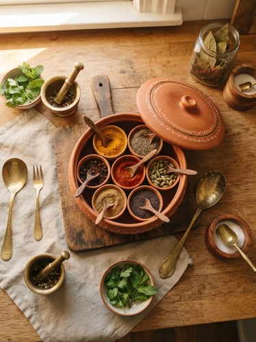 Overhead flat-lay of a beautifully arranged terracotta spice box and brass utensils on a warm wooden counter, soft golden-hour window light casting gentle shadows